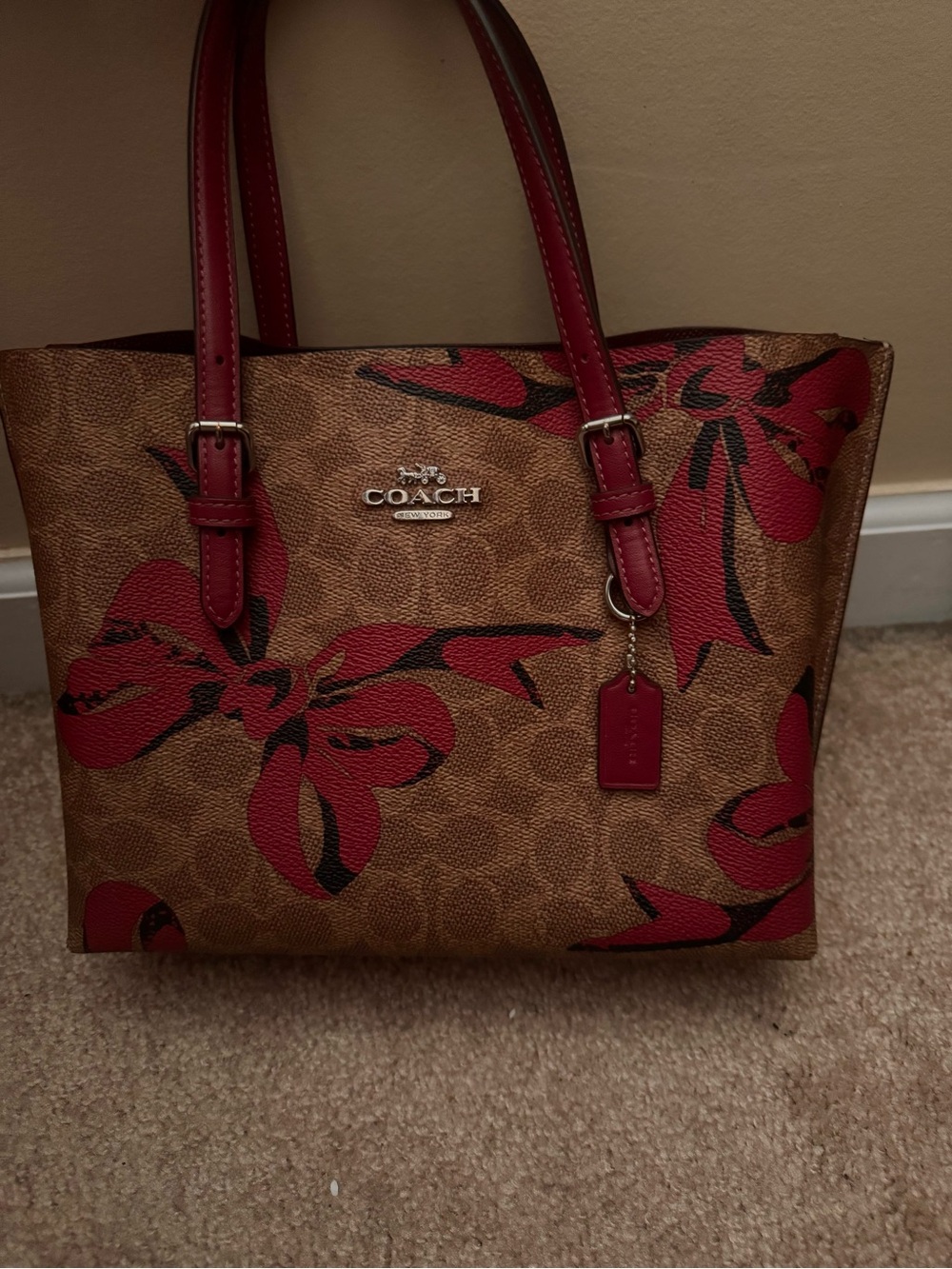 Coach Brown Signature Canvas Tote with Red Floral Accents